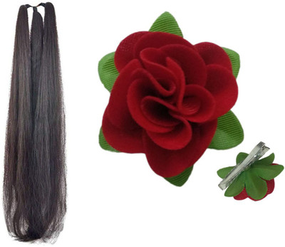 

GaDinStylo Pack of 24Inchs Black Hair Parandi with Fabric Red Rose Flower Hair Clip Hair Accessories for Festive/ Wedding Hair Accessory Set(Black, Red)