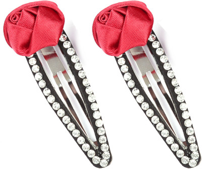 

NeedyBee Pack of 2 Red Satin Rose Tic Tac Clips with Diamond Border for Formal wear for Baby Girls Hair Clip(Red)