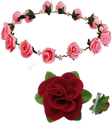 

GaDinStylo Pack of Pink Floral Tiara Princess Crown Head Band with Fabric Red Rose Flower Hair Clip for Girls/ Women Hair Accessory Set(Pink)