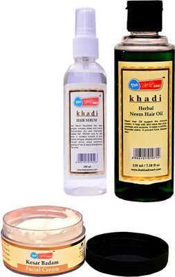 

THE KHADI MART kesar badam facial cream(50gm)++neem oil+(210)+ hair serum(100ml)pack of3 Hair Oil(520 ml)