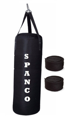 

SPANCO 3.0 Feet Long, SRF Material, Black Color, Unfilled with Hanging Straps and 9 Feet Long Black Color Hand Wrap Pair Boxing Kit