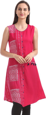 Karigari Women Printed Asymmetric Kurta(Pink)
