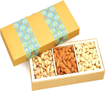 

Ghasitaram Gifts Dryfruits-3 Part Print Cashew Almonds Pistachio Box 300 gms(300 g, Vacuum Pack)