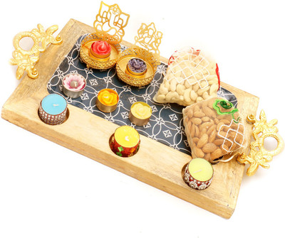 

Ghasitaram Gifts Dryfruits-Big Wooden Serving platter with Shadow Laxmi Ganesha T-lite, 6 t-lites, Almonds and Cashew Pouches(200 g, Vacuum Pack)