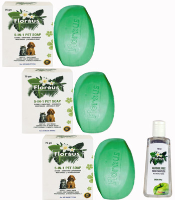 

Florous 5-IN-1 PET SOAP (75 gm x 3, 225 gm , Pack of 3) + Hand Sanatizer (100 ml) Pet Spa Kit