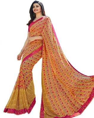 Bombey Velvat Fab Printed Daily Wear Georgette, Chiffon, Synthetic Chiffon Saree(Yellow, Pink) Flipkart