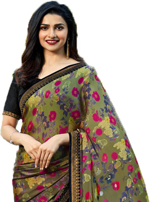 Bombey Velvat Fab Printed Daily Wear Georgette, Chiffon, Synthetic Chiffon Saree(Black, Yellow) Flipkart