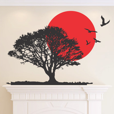 StickMe 100 cm Scenic Tree at Dark Night - Red and Black Combo Wall Sticker - SM 054 Self Adhesive Sticker(Pack of 1)