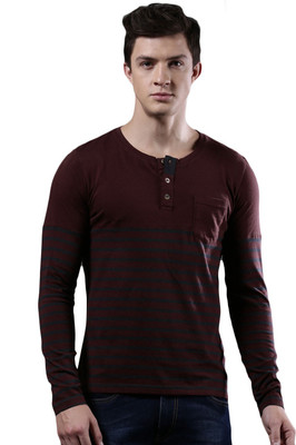 WROGN Striped Men Henley Neck Brown T-Shirt
