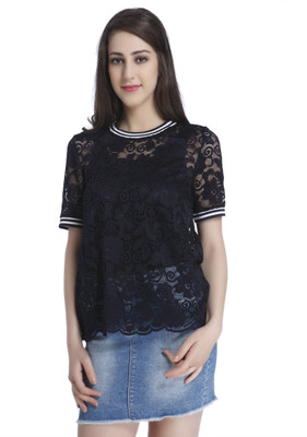 Only Casual Short Sleeve Solid Women Blue Top
