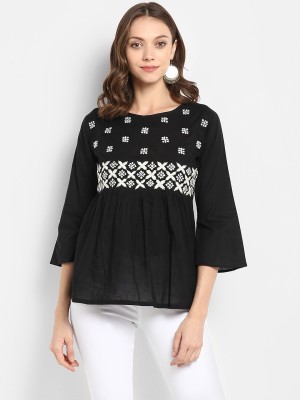 Bhama COUTURE Casual 3/4 Sleeve Solid Women Black Top