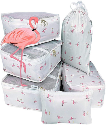 

House of Quirk 7 Set Travel Organizer Bag 3 Packing Cubes + 3 Pouches + 1 Toiletry Organizer Bag, Premium Quality - White Flamingo(White)