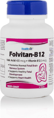 

HealthVit Folvitan-B12 Folic Acid 400 mcg + Vitamin B12 5 mcg 60 Tablets(60 No)