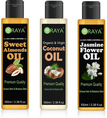 

ORAYA 100% Pure & Natural Sweet Almond OIl And Virgin Cocount Oil & Jasmine ( Chameli) Hair Oil Skin Oil-300ml-PACK OF-3-BOTTLE Hair Oil(300 ml)