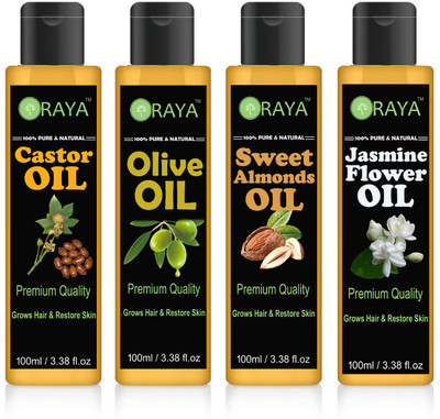 

ORAYA 100% Pure & Natural Castor oil And Extra Light Olive oil And Sweet Almond Oil And Jasmine Chameli Skin Oil Hair Oil-(400ml)-PACK OF-4 BOTTLE Hair Oil(400 ml)