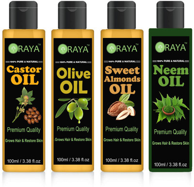 

ORAYA 100% Pure & Natural Sweet Almond OIl And Oragnic Castor Oil And Extra Light Olive Oil And Neem Oil Hair Oil Skin Oil-400ML-PACK OF-4-BOTTLE(400 ml)