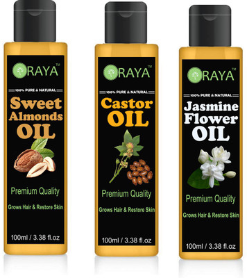 

ORAYA 100% Pure & Natural Sweet Almond Oil And Cold Pressed Castor Oil And Jasmine Flower ( Chameli) Hair Oil Skin Oil (300ml) PACK OF-3-BOTTLE Hair Oil(300 ml)
