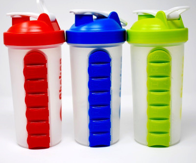 

Shaker Bottle with Pill Box 1000 Sipper(Pack of 1, Red, Green, Blue), Multicolor