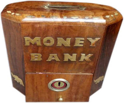 

WoodCart Wooden Money Box Octagonal with Lock Sheesham with Brass Elephant inlaid Each Side Long Special Coin Bank(Brown)