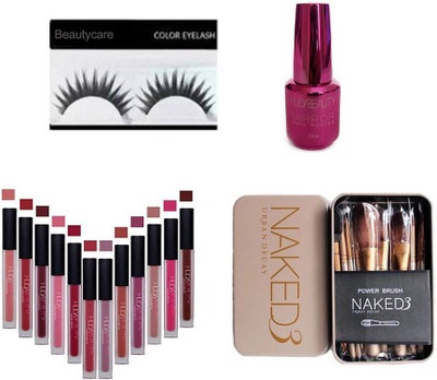 

beautycare combo set of shade lipstick naked brush set eyelashes nail paint(Set of 15)