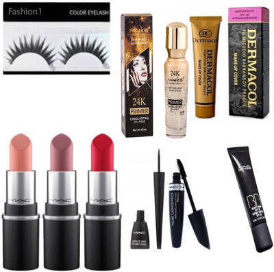 

FASHION 1 Combo Best Eyelashes, With & Dermacol ,prep+prime,oil free primer and mascara,eyeliner with long lasting matte lipstick 3, (Set of 9)(Set of 9)