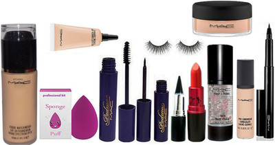 

Professional kit Sponge Puff & Studio Waterweight Foundation & Padma Mascara & Eyeliner & Eyelashes & Stick Kaj & Lady Gaga Lipstick & Select Cover up & Primer & Pro Longwear Concealar & Pen Eyeliner & Loose Powder(Set of 12)