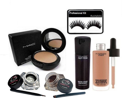 

Professional kit Eyelashes & Mac Studio Fix Powder Plus Compact,mac Match Master Foundation,mac Prep+primer moisture infuison serum & Hello Kitty Gel Eyeliner Two way Black and Brown(Set of 5)