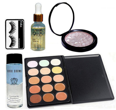 

Eska Eyelashes, 15 shades Concealer Palette, Fit Powder Illuminator, Instant Longwear Makeup Remover, 9to5 Face Serum(Set of 5)