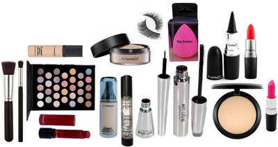 

big Basket Spounge Puff, Eyelashes , Matte Finish Orange and Pink Lipstick , Liptensity marron Lipstick , Brook Candy Eyeliner and Mascara , Stick Kaj. , Makeup Brush set of 2 , Loose Powder , 32 shades Eyeshadow Platte , Matchmaster Foundation , Studio F