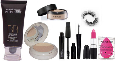 

Pink Rebellion & Mac Beaty Balm Foundation & LightFul Dual Sided Compact & Loose Powder & Candy Yum Yum Lipstick & Liquid Last Eyeliner+Mascara & Eyelashes With Sponge Puff(Set of 8)
