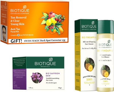 

BIOTIQUE BIO anti-tan facial kit, saffron dew youthful nourishing day cream, PINEAPPLE OIL CONTROL FACE CLEANSER(Set of 3)