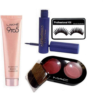 

Professional kit Eyelashes &9 to 5 weightless mousse foundation & Two shade blusher & padma liquid last eyeliner(Set of 4)