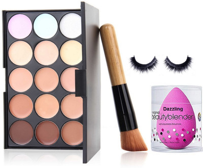 

Dazzling Sponge Puff, Mac 15 Shade Concealer Palette,Brush,Eyelashes(Set of 4)