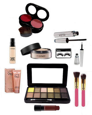 styling Eyelashes, Mac 2 shade blusher, Brooke Candy Liner& Mascara, Pro long Wear Concealer, Liptensity Lipstick, Loose powder, 12 Colours Eye Shadow Fard A Paupieres, Lakme 9to5 Mousse Foundation& Brush(Set of 11)