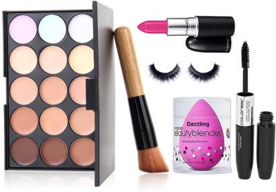 

Dazzling Sponge Puff, Mac 15 Shade Concealer Palette,Candy Yum-yum Lipstick, Brush,Eyelashes & Colorbar 2 in 1 Eyeliner+ Mascara(Set of 6)