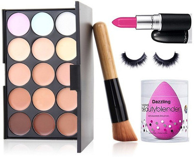

Dazzling Sponge Puff, Mac 15 Shade Concealer palette, Candy Yum-yum Lipstick,Brush, Eyelashes(Set of 5)