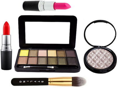 

styling Makeup Brush, Mac 12 Colours Eye Shadow Fard A Paupieres, Matte Finish Lipstick (set of 2)& Illuminator(Set of 5)