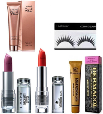 

FASHION 1 Combo Best Eyelashes, With & Dermacol ,9 t0 5 Foundation with long lasting matte lipstick 2, (Set of 5)(Set of 5)