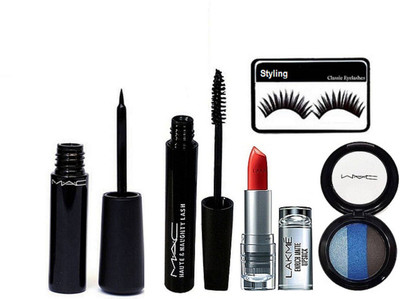 

styling Eyelashes, Mac Liquid Eyeliner, 2in1 Mascara, Eyeliner, Eyeshadow Fard A Joues Mineralize& lAKME 9TO5 Enrich Matte Lipstick(Set of 5)