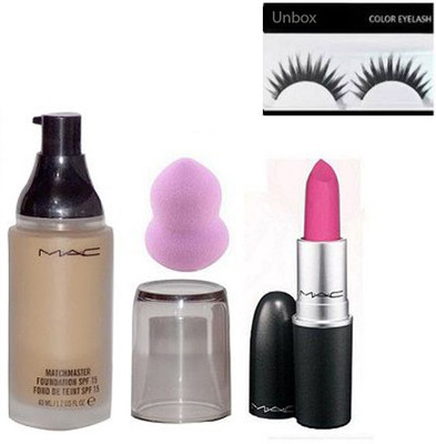 

Unbox Matte Finish Pink Lipstick, Match Master Foundation SPF 15, Sponge puff & Eyelashes (set 4)(Set of 4)