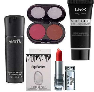 

Professional kit Silicon puff And NYX studio perfect photo loving primer& Mac Pre+Primer Moisture Infusion Serum Hydratant, 2 Shade Blusher& Lakme 9to5 Enrich Matte Lipstick(Set of 5)