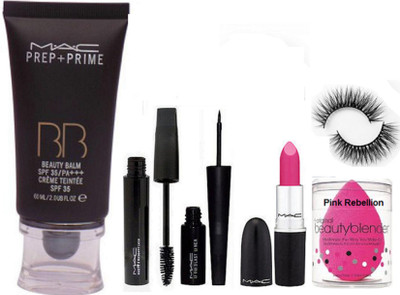 

Pink Rebellion Beaty Balm Foundation & Candy Yum Yum Lipstick & Liquid Last Eyeliner+Mascara & Eyelashes With Sponge Puff(Set of 6)