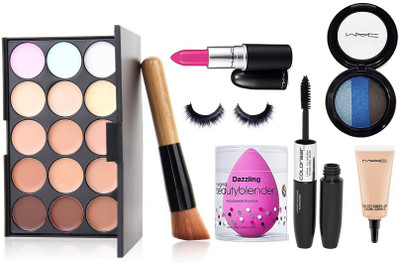 

Dazzling Sponge Puff, Mac 15 Shade ConcealerPalette,Candy Yum-yum Lipstick,3 Shade Eyeshadow,Select Cover-up & Colorbar2 in 1 Eyeliner+Mascara,Brush, Eyelashes(Set of 8)