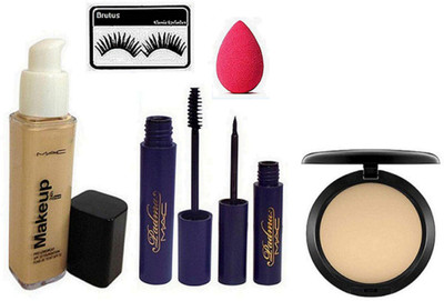 brutus Eyelashes , Makeup Pro longwear foundation , Padma Eyeliner , Mascara , Compact , Sponge Puff(Set of 6)