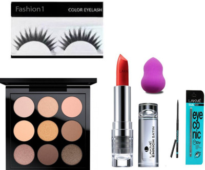 FASHION 1 Combo Of Eyelashes, Mac 9 Palette Concealer With & Lakme Enrich Long Lasting matte lipstick ,sponge puff, Eyeconic kajal (Set of 5)(Set of 5)