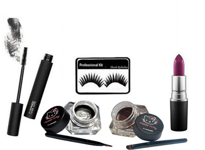 

Professional kit Eyelashes, Mac Zoom Lash Waterproof Liquid Mascara, Hello Kitty Gel Eyeliner Two way Black and Brown& Lipstick(Set of 5)