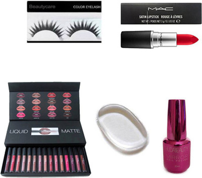 

beautycare combo set of shade eyelashes nail paint red lipstick silicon puff(Set of 5)