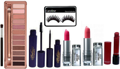 

caroline Eyelashes , Padma Eyeliner And Mascara , Naked 3 Eye Shadow platte , Eye Shadow Brush , 2 Enrich Lipstick ,Liptensity lipstick(Set of 8)