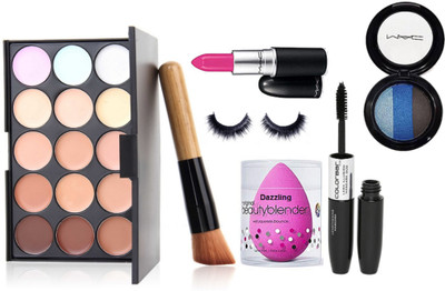 

Dazzling Sponge Puff, Mac 15 Shade ConcealerPalette,Candy Yum-yum Lipstick,3 Shade Eyeshadow & Colorbar2 in 1 Eyeliner+Mascara,Brush, Eyelashes(Set of 7)