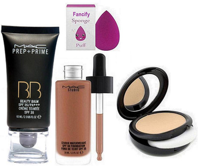 

fancify Sponge Puff & Mac Studio Waterwight Liquid Foundation, Prep+Prime BB BEauty Balm Cream Foundation,Studio Fix Powder with Foundation(Set of 4)